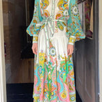 Unique Print Balloon Sleeve Belt Shirt Midi Dress