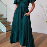RUFFLED EDGE OFF SHOULDER MIDI DRESS