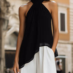Elegant Two-Tone High-Neck Halter Set ��� Asymmetric Chiffon Top & Wide-Leg Trousers