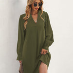 Notch Neck Solid Tunic Dress V-Neck Puff Sleeve Mini Tunic Dress