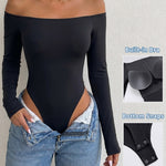 Women's Off Shoulder Bodysuit Minimalist Long Sleeve Sexy Slim Fit Bodysuit with Built-In Bra
