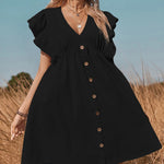 V Neck Loose Spring Summer Ruffle Trimed Button Smock Sleeveless Mini Vest Dress