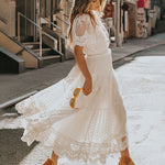 V Neck Short Sleeve Lace Maxi Dress