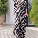 Long Sleeves Wide Leg Split-Joint Tied Waist Zebra Printed Lapel Jumpsuits