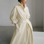 Long Sleeves Loose Buttoned Solid Color Lapel Midi Dresses