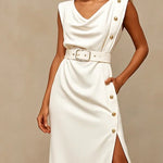 Loose Sleeveless Belted Buttoned Pockets Solid Color Split-Side V-Neck Midi Dresses
