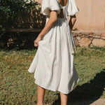 Puff Sleeve Deep V-Neck Open Back Tie Elegant Long Dress