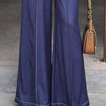 High Waisted Loose Elasticity Pockets Solid Color Jean Pants Bottoms Trousers