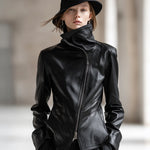 Personality And Fashion High Collar Oblique Zipper Black PU Jacket