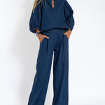 Nadorine Women's Casual Denim Two-piece Set Loose Puffed Sleeve Blouse and Wide-leg Pants