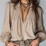Vintage Pleated Collar Lace Trim Cotton  Linen Blouse