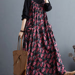 Artistic Retro Ramie Cotton Loose 3 Colors Floral Printed Square-Neck Sleeveless Strap Dress
