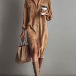 Women's Loose Corduroy Double Chest Pocket Single Breasted Midi Dress