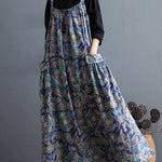 Artistic Retro Ramie Cotton Loose 3 Colors Floral Printed Square-Neck Sleeveless Strap Dress