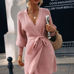 Lantern Sleeve Belted Sweater Dress