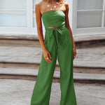 Solid Off Shoulder Bandeau Tube Tops Wide Leg Jumpsuit One Piece Cutout Tie Knot Romper Outfit