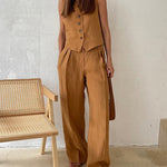 Solid Color Two-piece Slim Fit Sleeveless Vest Casual Wide Leg Pants Set