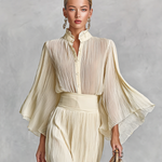 Women's Pleated Chiffon Stand Collar Trumpet Sleeve Shirt Slit Floor Length Skirt Two-piece Set