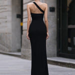 Midnight Contrast One-Shoulder Maxi Dress With High-Slit Detail