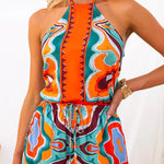 Oh So Chic Satin Ethnic Abstract Print Adjustable Tie Tank Top