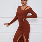 Sexy Drawstring Slit Off Shoulder Long Sleeve Dress