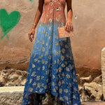 Evaluna Tie Dye Gradient Golden Flower Print Short Sleeve A-line Maxi Dress