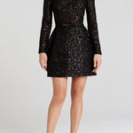 Edie Sequin High Neck Long Sleeve Satin Bow Belted Tulip Mini Dress