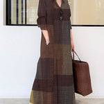 Nadorine Women's Chic Print Button Down Rolled-Up Sleeve Long V-Neck Blouse Maxi Ankle Dress