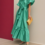 Flared Sleeves Loose Pleated Solid Color Split-Joint Tied Waist Lapel Maxi Dresses Shirt Dress