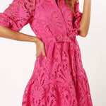 Solid Color Lace Cutout Balloon Sleeves and Waist Tie Mini Dress