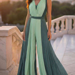 Colorblock Sleeveless Criss Cross Plunge V Neck Jumpsuit Casual Waist Tied Detail Pleated Romper