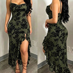 Women's Vintage Flocking Floral Maxi Dress Sexy Cowl Neck Cami Dress High Slit Backless Bodycon Evening Gown