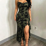 Women's Vintage Flocking Floral Maxi Dress Sexy Cowl Neck Cami Dress High Slit Backless Bodycon Evening Gown