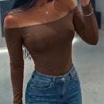 Women's Off Shoulder Bodysuit Minimalist Long Sleeve Sexy Slim Fit Bodysuit with Built-In Bra
