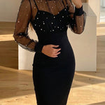 Mock Neck Sheer Mesh Spliced Beaded Bodycon Dress Zipper Back Slit Party Dress