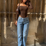 Women's Off Shoulder Bodysuit Minimalist Long Sleeve Sexy Slim Fit Bodysuit with Built-In Bra