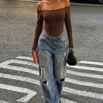 Women's Off Shoulder Bodysuit Minimalist Long Sleeve Sexy Slim Fit Bodysuit with Built-In Bra