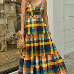 Women's Colorblock Plaid Hollow-out Maxi Dress V Neck Backless Ruffle Cami Dress Casual Shirred Beach Sundress