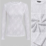 Women's Jacquard Textured Sheer Lace Long Sleeve Top Crewneck Slim Fit Tee with Thumb Holes