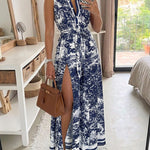 Vintage Ink Print Turn-down Collar Sleeveless Butto Front Maxi Dress Casual Zipper Back Tie Waist Side High Slit Vacation Dress with Belt