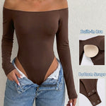 Women's Off Shoulder Bodysuit Minimalist Long Sleeve Sexy Slim Fit Bodysuit with Built-In Bra