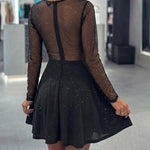 Women's Glitter Mesh Dress Lace Patchwork Sheer Mini Dress Sexy High Waisted A Line Party Dress