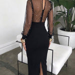 Mock Neck Sheer Mesh Spliced Beaded Bodycon Dress Zipper Back Slit Party Dress