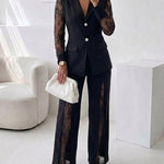 Women's 2 Piece Blazer Suit Set Elegant Lace Patchwork Long Sleeve Coat and High Waisted Straight Leg Pants