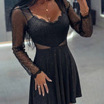Women's Glitter Mesh Dress Lace Patchwork Sheer Mini Dress Sexy High Waisted A Line Party Dress
