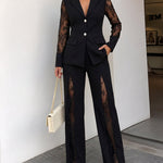 Women's 2 Piece Blazer Suit Set Elegant Lace Patchwork Long Sleeve Coat and High Waisted Straight Leg Pants