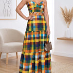 Women's Colorblock Plaid Hollow-out Maxi Dress V Neck Backless Ruffle Cami Dress Casual Shirred Beach Sundress