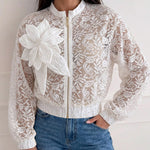 Women's Sheer Lace Bomber Jacket Lightweight Mesh See Through Crop Coat with Detachable 3D Floral