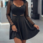 Women's Glitter Mesh Dress Lace Patchwork Sheer Mini Dress Sexy High Waisted A Line Party Dress