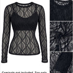 Women's Jacquard Textured Sheer Lace Long Sleeve Top Crewneck Slim Fit Tee with Thumb Holes
